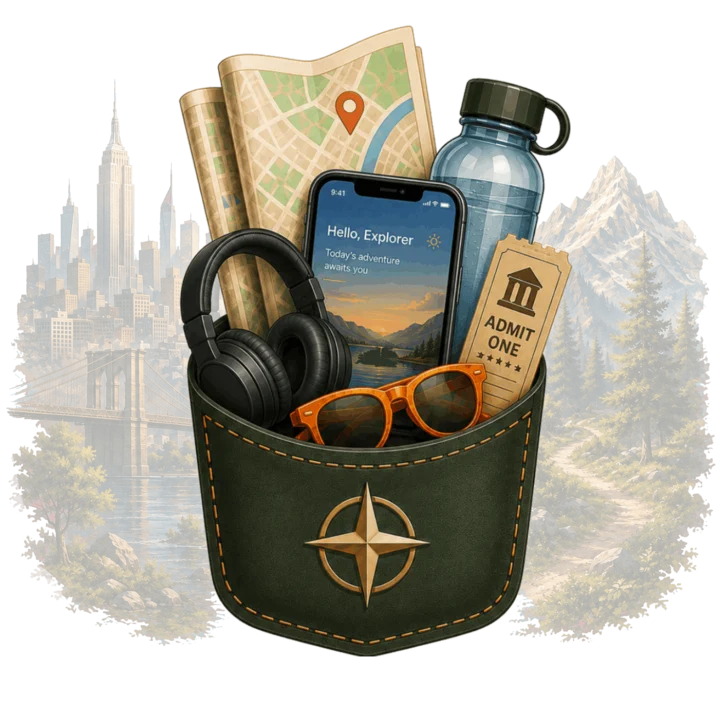 Pocket Tour Guide — a stitched travel pocket holding a map, headphones and a phone, between a city skyline and a mountain trail
