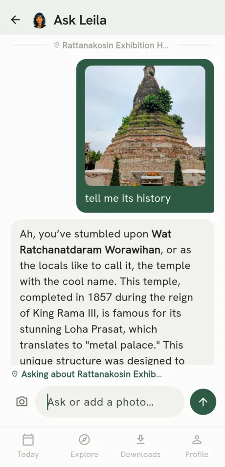 App screen: chat with the guide — a photo of a temple with the question, tell me its history