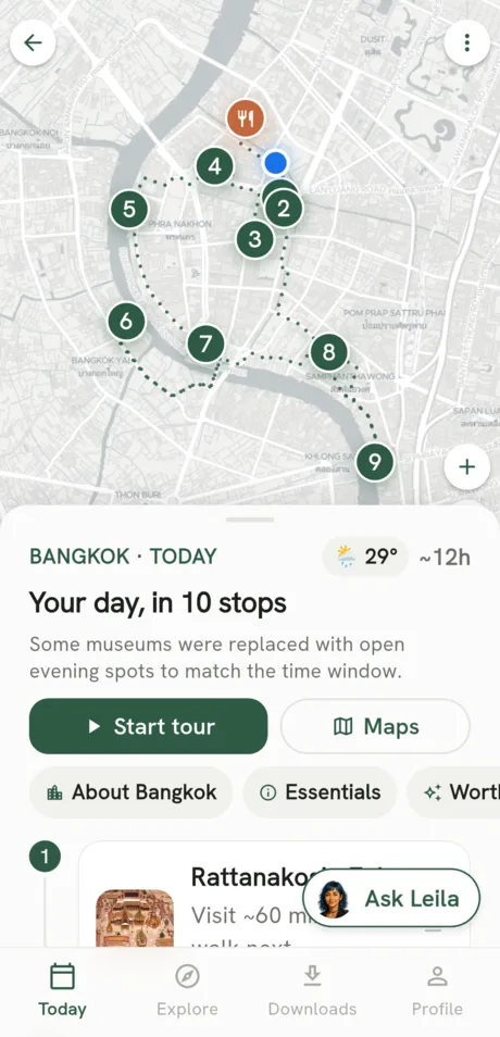 App screen: a Bangkok day of 10 numbered stops connected by a dotted route on the map