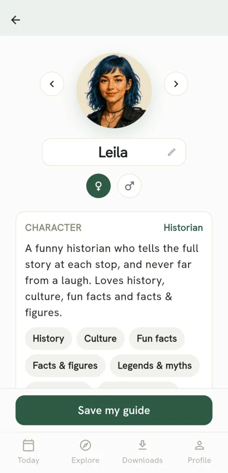 App screen: choosing Leila, a funny historian guide, with topic chips like History and Fun facts