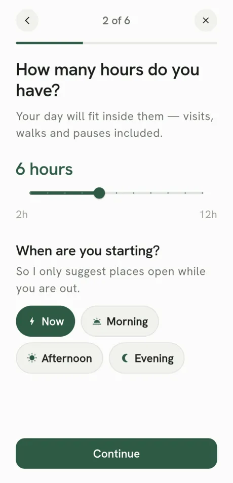 App screen: choosing how many hours you have and when you start