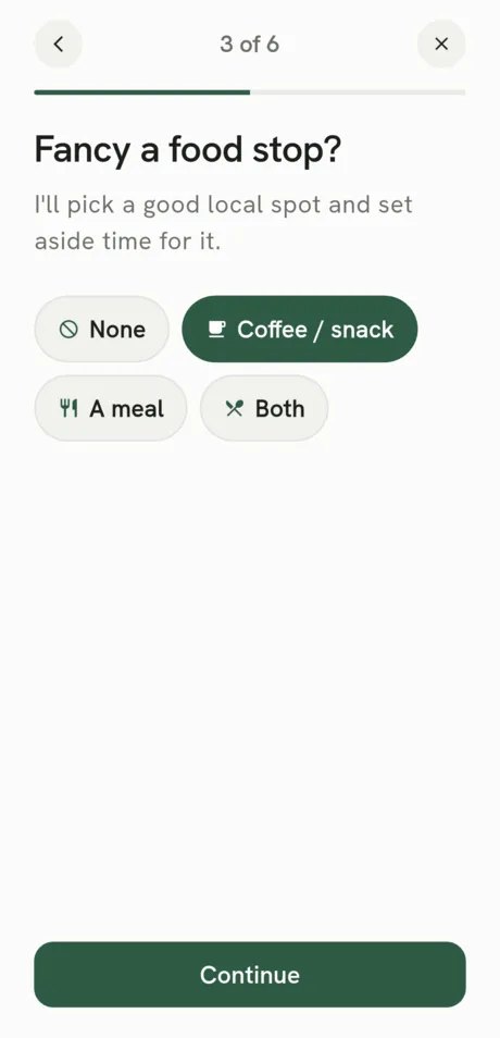 App screen: choosing a food stop — coffee, a meal, or both