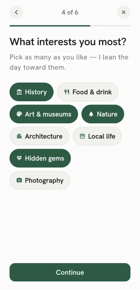 App screen: picking interests like history, art and hidden gems