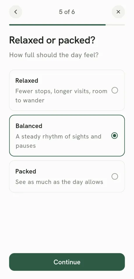 App screen: choosing a relaxed, balanced or packed pace