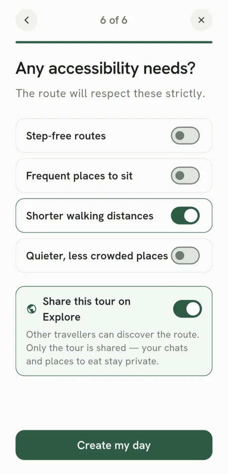 App screen: accessibility needs and sharing the tour on Explore