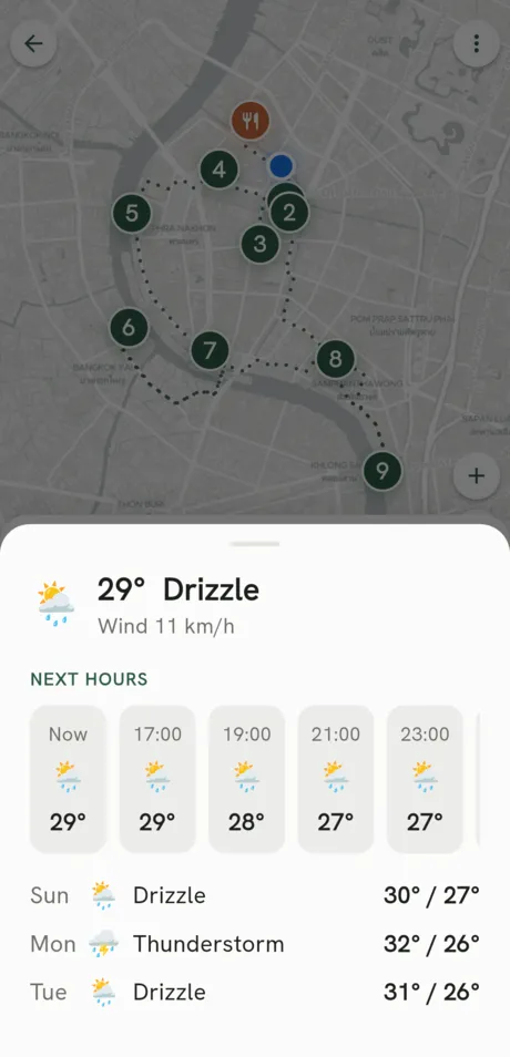 App screen: the tour’s weather — drizzle now, hourly strip and three-day forecast