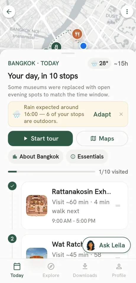 App screen: a banner warning rain is expected at 16:00 with six outdoor stops, and an Adapt button