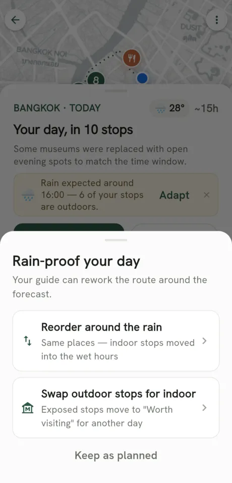 App screen: the rain-proof sheet offering to reorder around the rain or swap outdoor stops for indoor