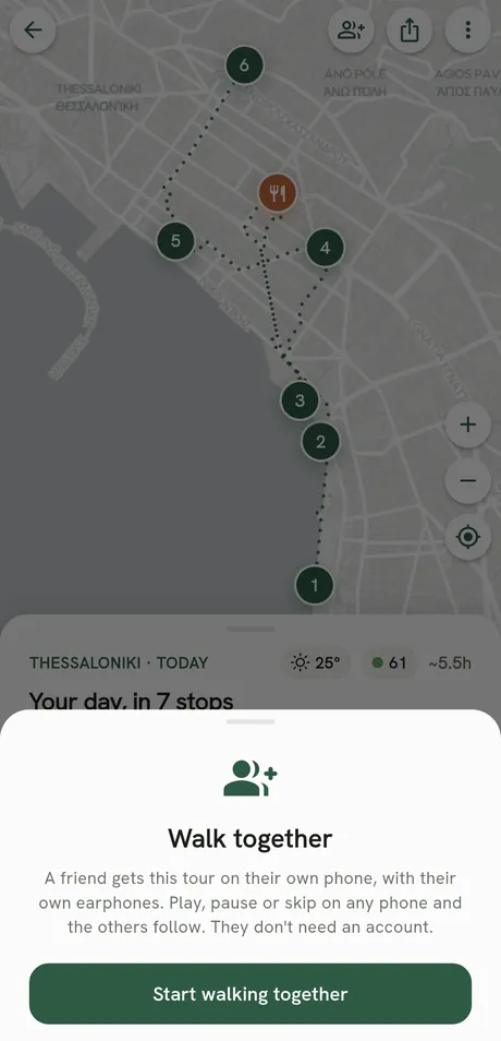 App screen: the Walk together sheet over a Thessaloniki tour — a friend gets this tour on their own phone, with a Start walking together button