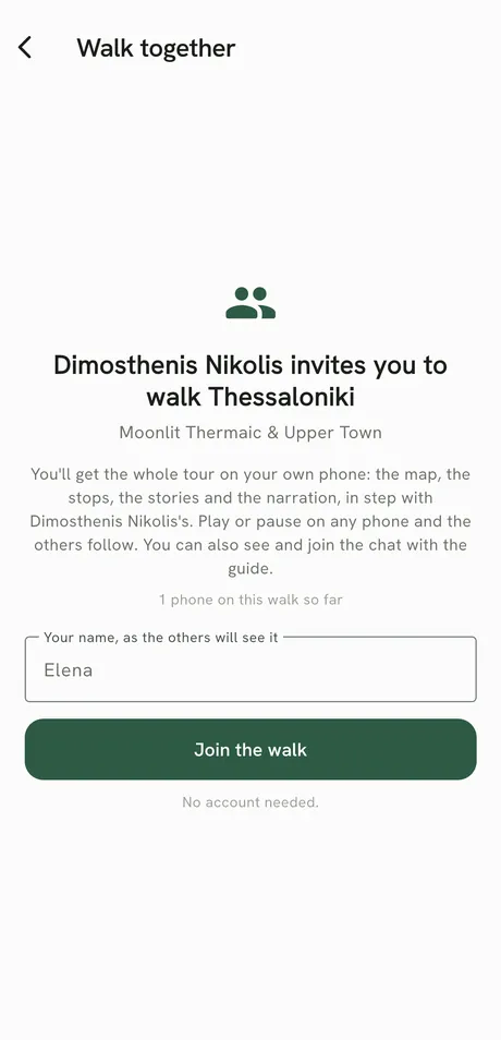App screen: a friend’s invitation to walk Thessaloniki, with their name and a Join the walk button — no account needed